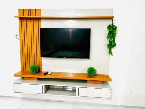 a television on a wall with two green plants at Pousada sousa Residencial Qrt 3 in Sousa +3 photos
