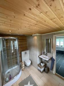 een badkamer met een douche, een toilet en een wastafel bij House with oceanview in Stryn +30 foto's
