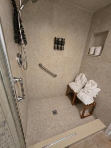 a bathroom with a shower with white towels at Paradise Villa in Titusville