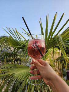 ヴィンツェンハイムにあるChez " Les Ligibell "のヤシの木の前でワイングラスを持っている人