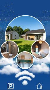 a collage of photos of a house with clouds at Słowińskie NIEBO - domki całoroczne in Smołdziński Las
