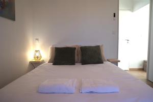 a large white bed with two towels on it at Le Jardin de Sauge in Le Teich