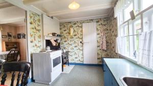 une cuisine avec un réfrigérateur blanc et une fenêtre dans l'établissement Unique & Charming Faroese Cottage, à Norðskáli 31 autres photos