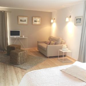 ein Wohnzimmer mit einem Sofa und einem TV in der Unterkunft La Maison Abeil in LʼArgentière-la-Bessée