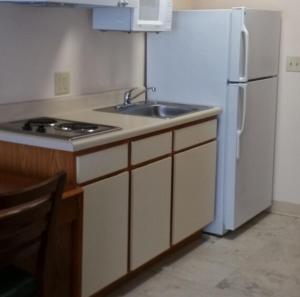 a kitchen with a sink and a white refrigerator at Stay Lodge of Thomasville in Thomasville