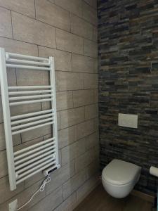 a bathroom with a toilet and a brick wall at Maison familliale entre calme et grand jardin in Louroux-de-Bouble