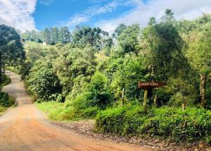 a dirt road with a sign next to a forest at Cantinho da Bubu in Gonçalves