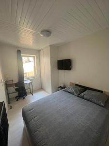 a bedroom with a bed and a flat screen tv at 2 bedroom Apartment very close to Paris in Bobigny