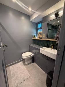 a bathroom with a toilet and a sink and a mirror at Modern 1 bedroom flat in Morden in Morden