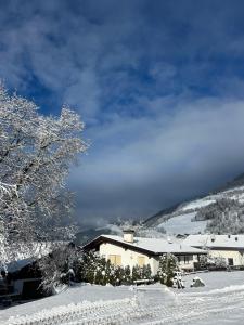 a house with snow on the ground next to a mountain at Pardellerhof Lüsen in Luson +90 photos