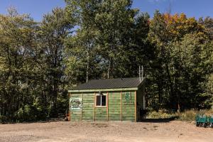 a green shed with graffiti on it in front of trees at Sunken Escapes Cabin 10 in New Minas