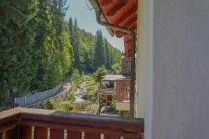 a balcony with a view of a river and trees at Apartmány Lékařský dům in Pec pod Sněžkou
