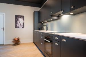 a kitchen with black cabinets and a painting on the wall at Luxuriöse Loftwohnung im Herzen von Thun in Thun +24 photos