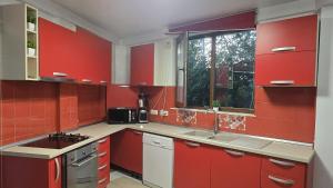 a red kitchen with a sink and a window at Terrace & Comfort Residence- SELF CHECK-IN in Bucharest