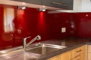 una cucina con lavandino e parete rossa di La Tzarma a Granges