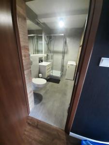 a bathroom with a toilet and a glass shower at Kozubnik Apartment in Porąbka +12 photos