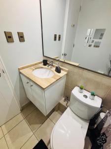 a bathroom with a toilet and a sink and a mirror at Experiencia Terramar-1hab-1Bañó-1estac in Antofagasta