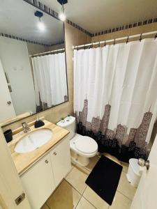 a bathroom with a sink and a toilet and a mirror at Experiencia Terramar-1hab-1Bañó-1estac in Antofagasta +8 photos