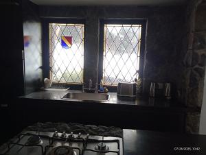 a kitchen with a sink and two windows at LA Nevadita, Chalet cabin located near the center- It includes suite room with double bed and another 2 bedrooms with two singles beds- Living room fireplace, Hot water, WI-FI in Villa La Angostura +32 photos