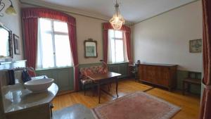a living room with a table and two windows at Boardinghouse Sonne in Offenburg +37 photos