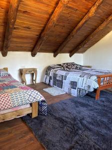 une chambre avec deux lits et un plafond en bois dans l'établissement Alojamientos Titin, à Villa Pehuenia