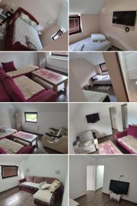 a collage of four pictures of a bedroom at Ur Njam-Njam in Vrnjačka Banja
