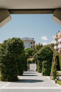 a walkway through a hedge with a building in the background at Eden Hotel in San Salvo