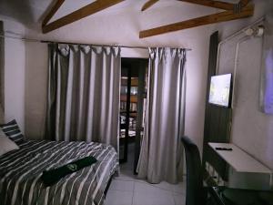 a bedroom with a bed and a desk and a window at Craftsmanship maboneng 65 in Johannesburg