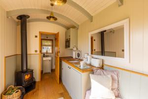 a kitchen with a wood stove in a room at Cherry Blossom Hut in Bristol