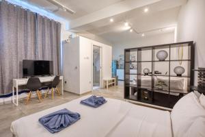 Μια τηλεόραση ή/και κέντρο ψυχαγωγίας στο Guesthouse near waterfront with shared sun terrace and jacuzzi, GOBLU