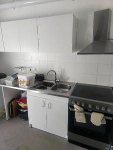 eine Küche mit Herd und Spüle in der Unterkunft Appartement partagé in Méry-sur-Oise