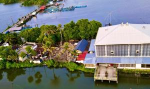 an aerial view of a building on the water at Louis Backpackers Hostel in Cochin