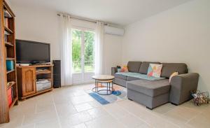 a living room with a couch and a tv at La petite maison rose in Saint-Mards-en-Othe