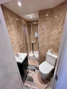 a bathroom with a toilet and a shower and a sink at Dalston Luxe Studios in London