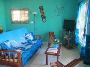 a living room with a couch and a tv at SLO-N-EZ Villa- Gold Standard Certified in Caye Caulker