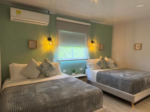 a bedroom with two beds and a window at Colorful Garden House in Providencia