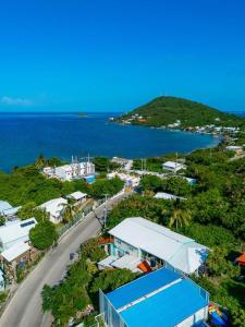 an aerial view of a town next to the ocean at Colorful Garden House in Providencia