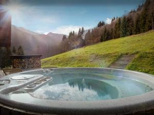 una bañera de hidromasaje en medio de una montaña en Chalet Les Pellys - OVO Network, en Samoëns