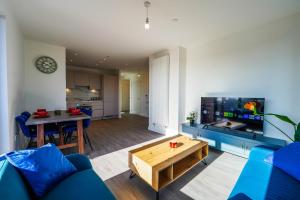 Μια τηλεόραση ή/και κέντρο ψυχαγωγίας στο Modern 2BR Wembley Apartment Stadium Views and Balcony