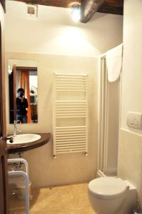a bathroom with a toilet and a sink and a mirror at B&B La Collina in Bibbiena