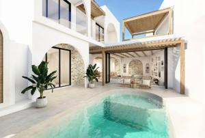 a villa with a swimming pool and a living room at Modern 3BR Villa, Rooftop Dining and Fast WiFi in Pererenan