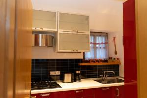 a kitchen with red cabinets and a black tiled wall at Ferienwohnung Meindl Basecamp in Bayerisch Gmain