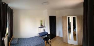 une chambre avec un lit, un bureau et un miroir dans l'établissement Cozy House Belgrade, à Kalugjerica