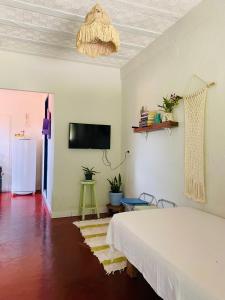 une chambre avec un lit et une télévision au mur dans l'établissement Casinha colibri, à Conceição da Ibitipoca