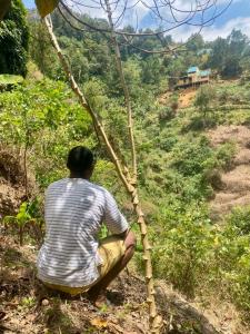 ein Mann, der auf dem Boden neben einem kleinen Baum sitzt in der Unterkunft UNDE Village Camp Morogoro in Morogoro
