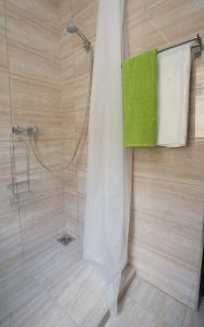 ハイドゥソボスローにあるCozy Apartmentのバスルーム(シャワー、緑のタオル付)