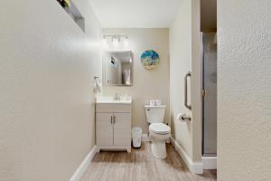 une salle de bain avec toilettes, lavabo et miroir dans l'établissement Sierra Solace, à South Lake Tahoe 9 autres photos