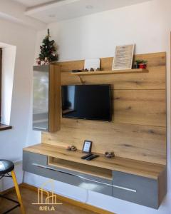 a living room with a flat screen tv on a wall at Apartman Nela 2 Jahorina in Jahorina