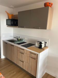 a kitchen with a sink and a microwave at Appartement bord de mer in Lampaul-Plouarzel