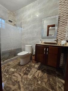 a bathroom with a toilet and a sink and a mirror at Magnifico Alojamiento in Puerto Plata